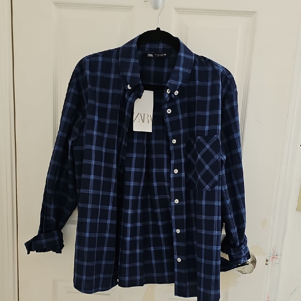 Zara Navy Blue Plaid Shirt